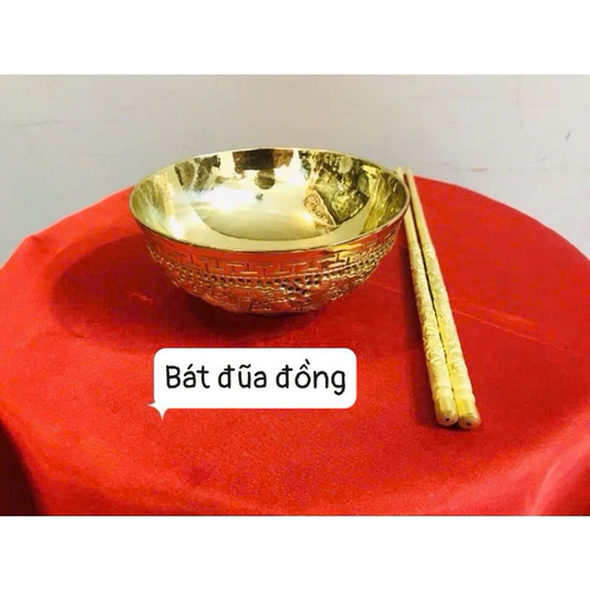 Combo 01 Dragon Phoenix Brass Altar Bowl / Chopsticks Set Vietnamese
