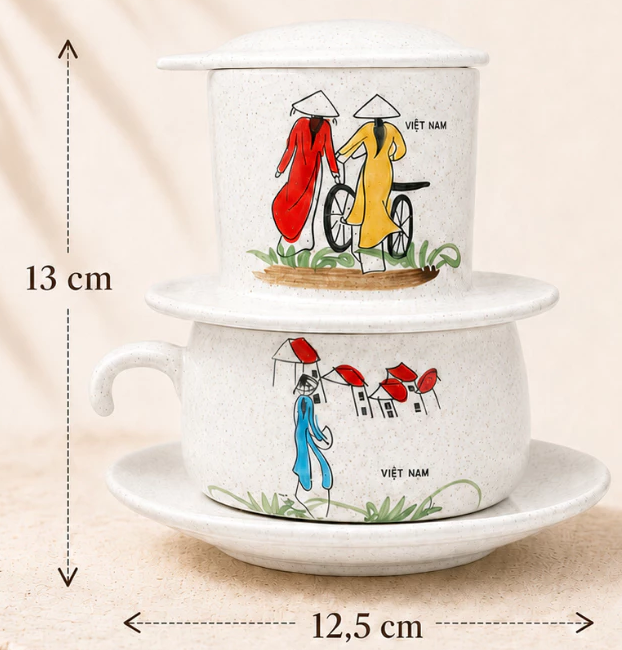 Hand-painted ceramic coffee filter set featuring a girl in a traditional Vietnamese Ao Dai for brewing coffee - Traditional Gift