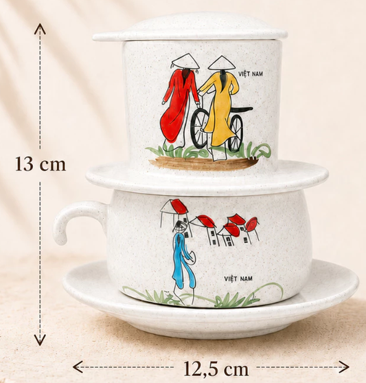 Hand-painted ceramic coffee filter set featuring a girl in a traditional Vietnamese Ao Dai for brewing coffee - Traditional Gift