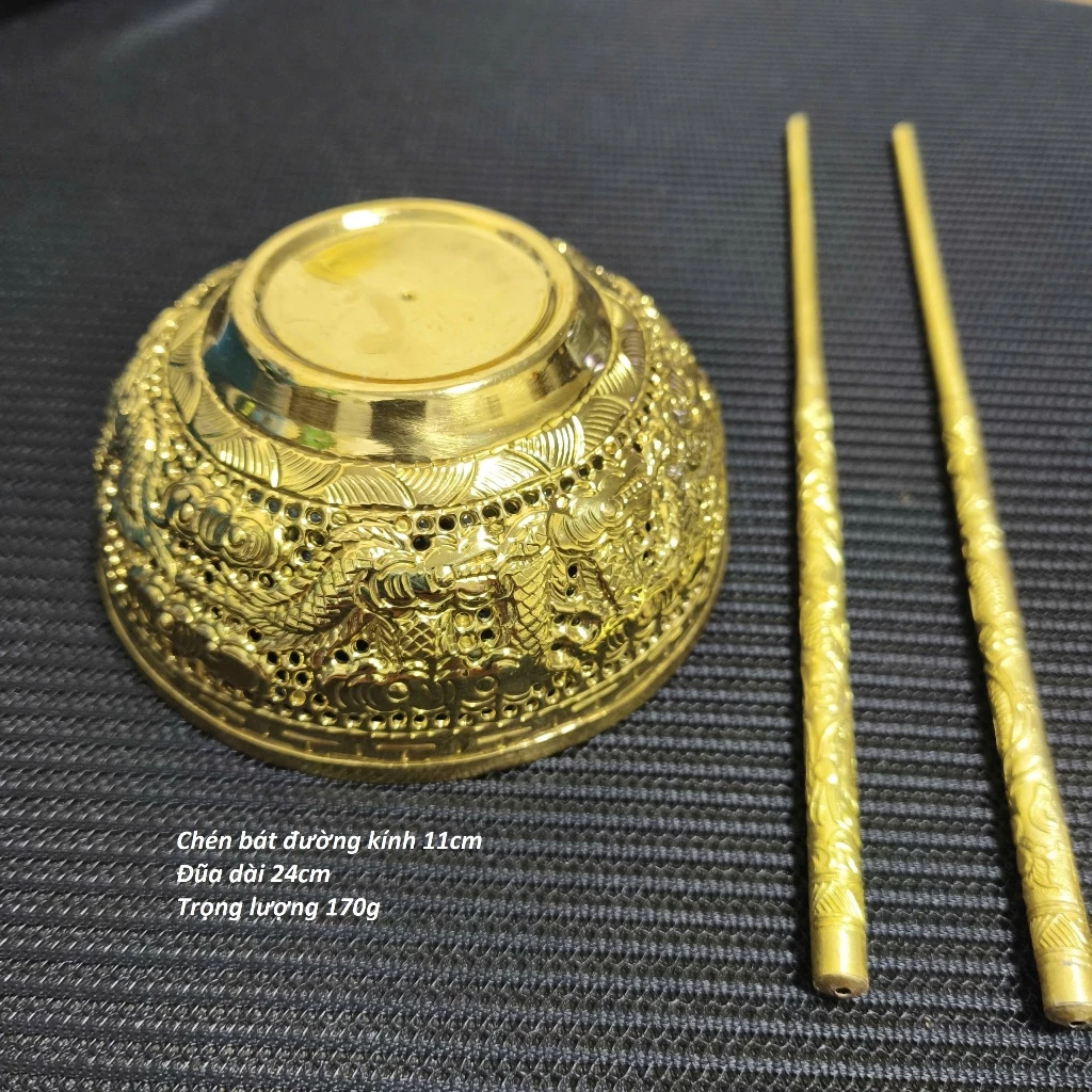 Combo 01 Dragon Phoenix Brass Altar Bowl & Chopsticks Set Vietnamese