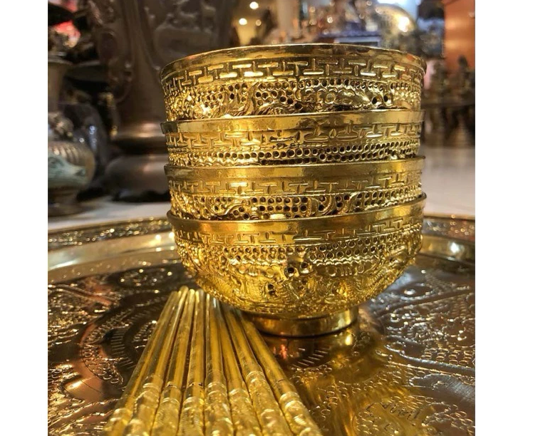 Combo 01 Dragon Phoenix Brass Altar Bowl & Chopsticks Set Vietnamese