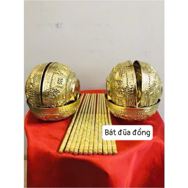 Combo 01 Dragon Phoenix Brass Altar Bowl & Chopsticks Set Vietnamese