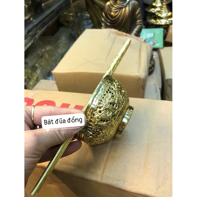 Combo 01 Dragon Phoenix Brass Altar Bowl & Chopsticks Set Vietnamese