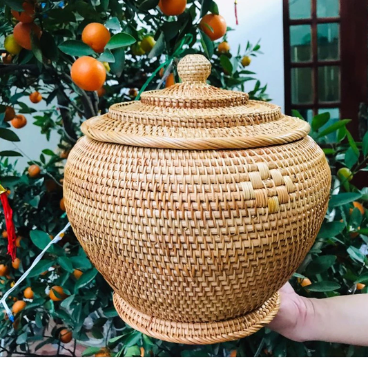 Combo Natural Bamboo Basket Warmer and 1.5L Bat Trang Ceramic Teapot - Traditional Handicraft of Vietnam