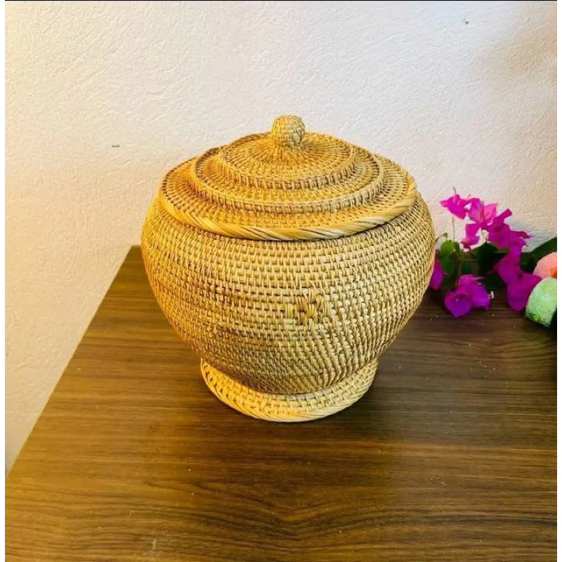 Combo Natural Bamboo Basket Warmer and 1.5L Bat Trang Ceramic Teapot - Traditional Handicraft of Vietnam