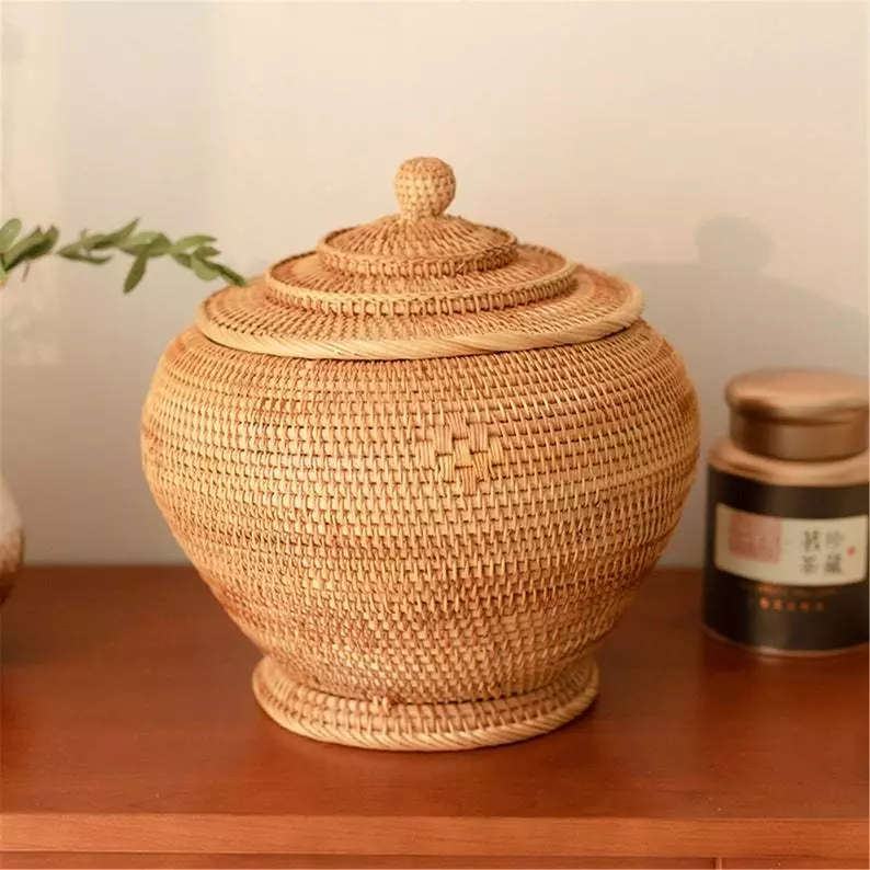 Combo Natural Bamboo Basket Warmer and 1.5L Bat Trang Ceramic Teapot - Traditional Handicraft of Vietnam