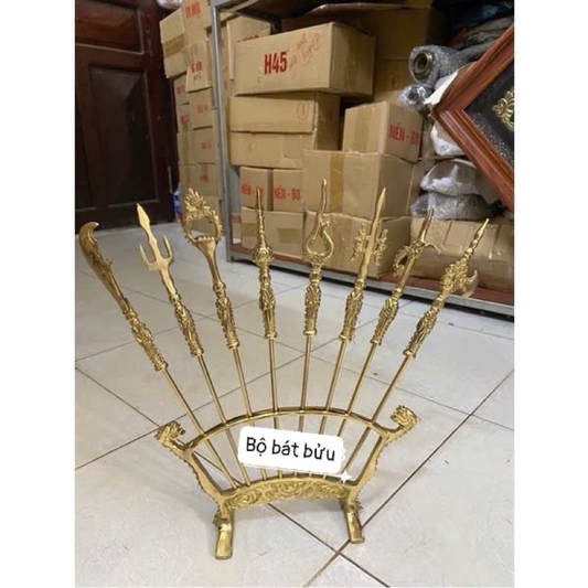 Traditional Bat Buu Brass Worship Set – Eight Sacred Weapons for Vietnamese Altar