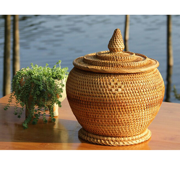 Combo Natural Bamboo Basket Warmer and 1.5L Bat Trang Ceramic Teapot - Traditional Handicraft of Vietnam