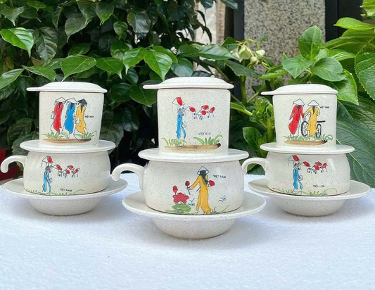 Hand-painted ceramic coffee filter set featuring a girl in a traditional Vietnamese Ao Dai for brewing coffee - Traditional Gift