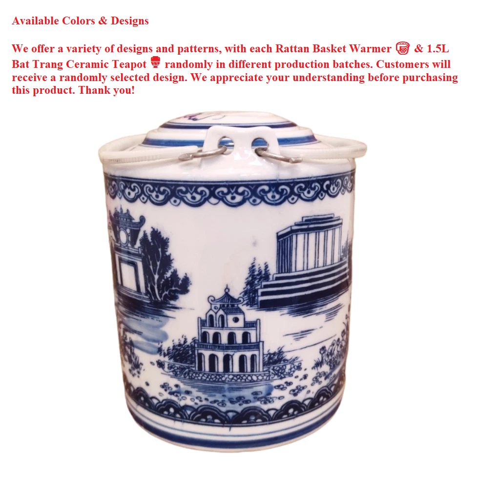 Combo Natural Bamboo Basket Warmer and 1.5L Bat Trang Ceramic Teapot - Traditional Handicraft of Vietnam