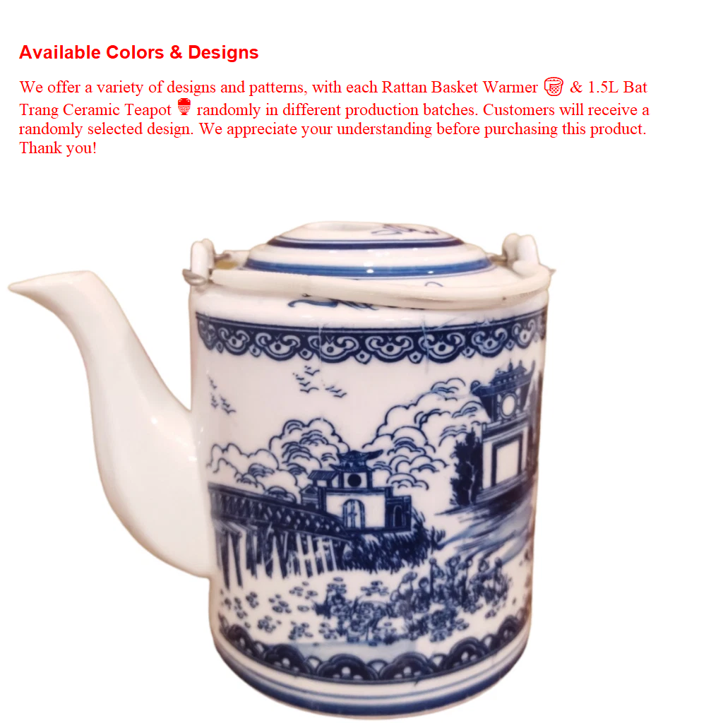 Combo Natural Bamboo Basket Warmer and 1.5L Bat Trang Ceramic Teapot - Traditional Handicraft of Vietnam