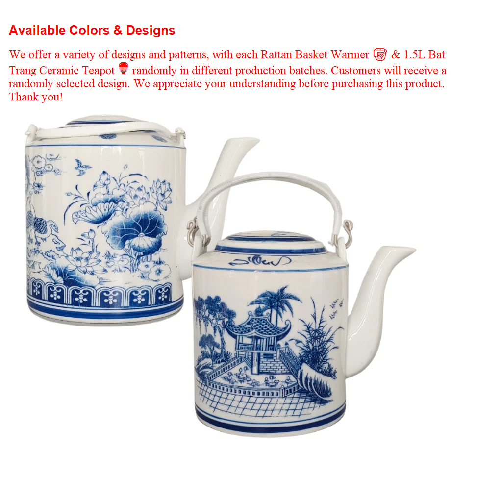 Combo Natural Bamboo Basket Warmer and 1.5L Bat Trang Ceramic Teapot - Traditional Handicraft of Vietnam