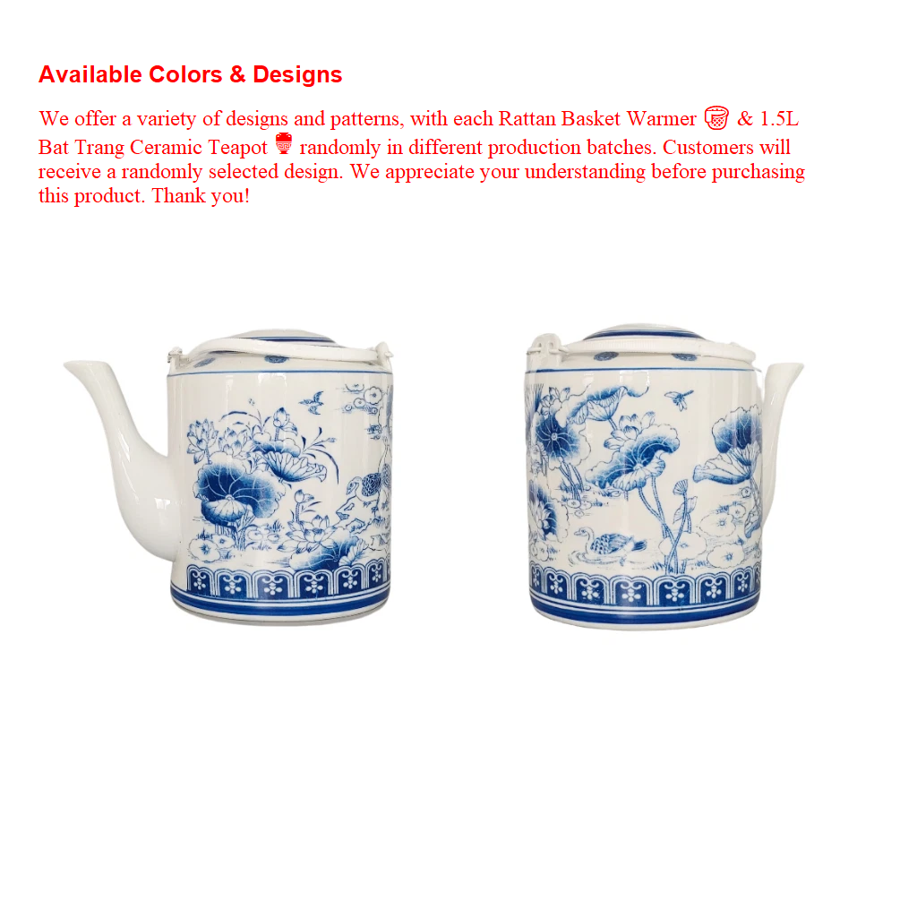 Combo Natural Bamboo Basket Warmer and 1.5L Bat Trang Ceramic Teapot - Traditional Handicraft of Vietnam