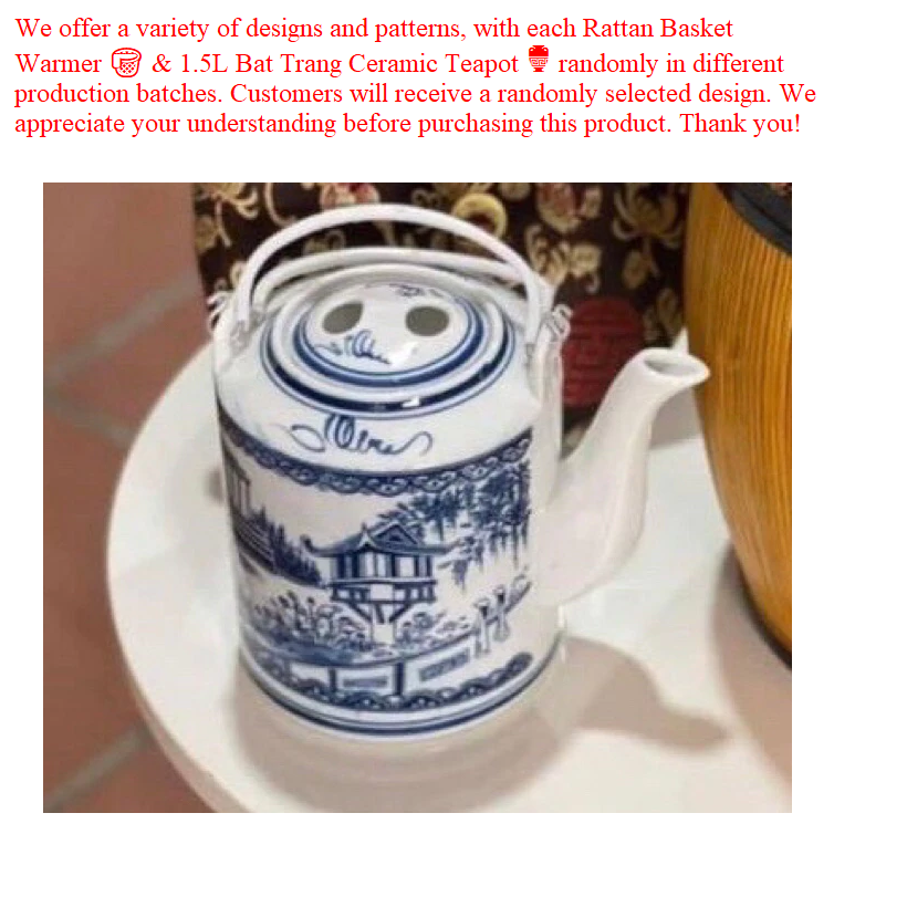 Combo Natural Bamboo Basket Warmer and 1.5L Bat Trang Ceramic Teapot - Traditional Handicraft of Vietnam