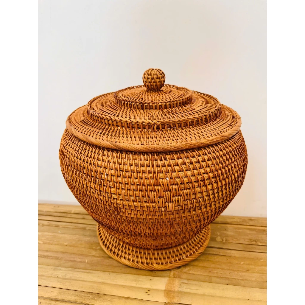 Combo Natural Bamboo Basket Warmer and 1.5L Bat Trang Ceramic Teapot - Traditional Handicraft of Vietnam