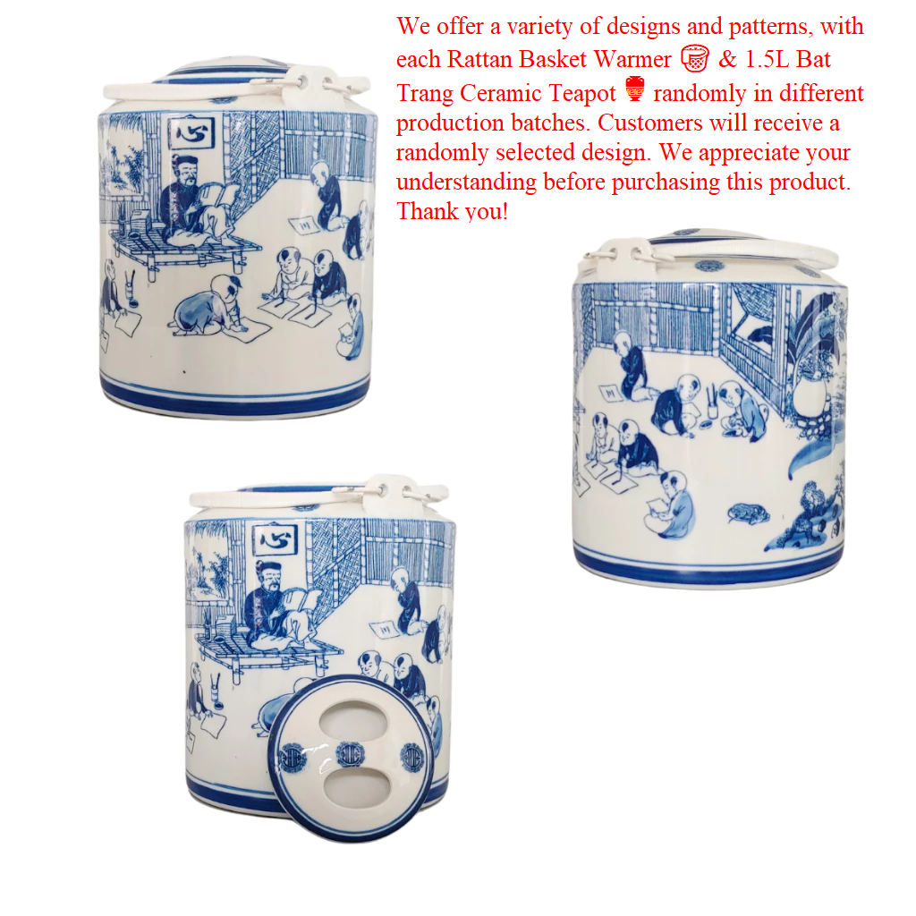 Combo Natural Bamboo Basket Warmer and 1.5L Bat Trang Ceramic Teapot - Traditional Handicraft of Vietnam