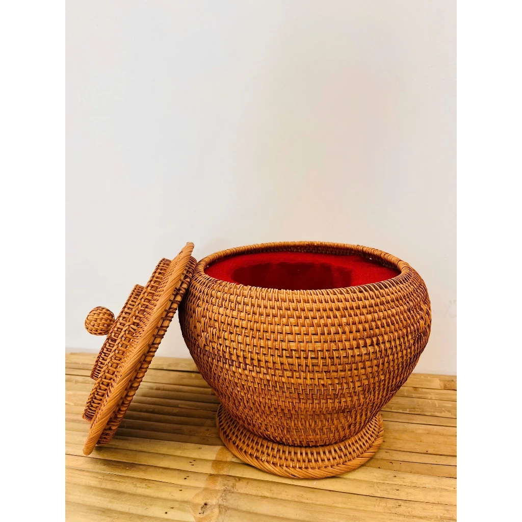 Combo Natural Bamboo Basket Warmer and 1.5L Bat Trang Ceramic Teapot - Traditional Handicraft of Vietnam