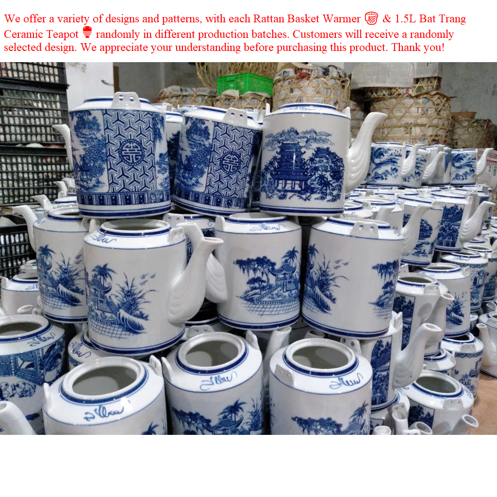 Combo Natural Bamboo Basket Warmer and 1.5L Bat Trang Ceramic Teapot - Traditional Handicraft of Vietnam