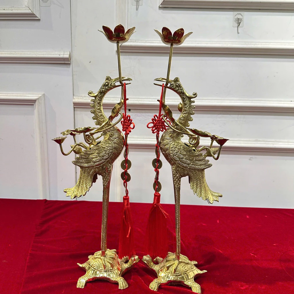 Set 2pcs of Handcrafted 42cm Brass Crane Statues - Symbol of Tranquility and Prosperity in Vietnamese Culture | vietcraft.art