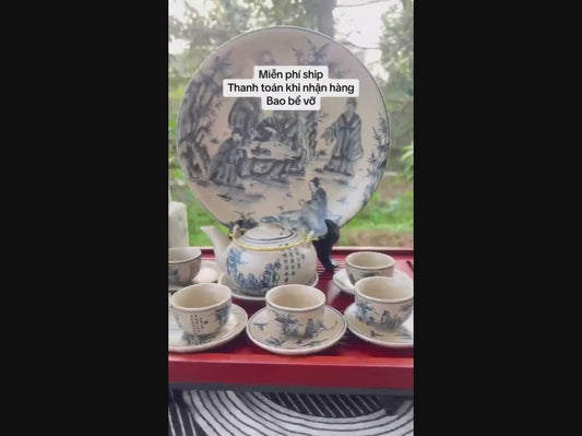 Hand-Painted Bat Trang Ceramic Tea Set – Vietnamese Pottery, Seven Sages and Crackle Glaze