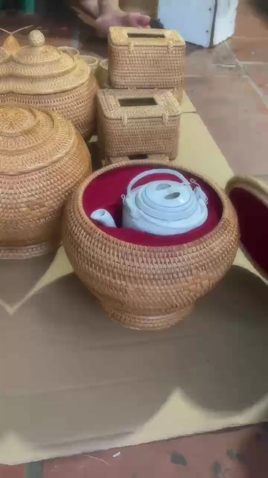 Combo Natural Bamboo Basket Warmer and 1.5L Bat Trang Ceramic Teapot - Traditional Handicraft of Vietnam