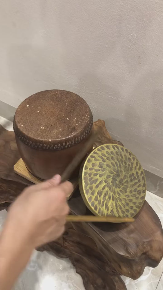 Combo of 3 Sets of Vietnamese Traditional Musical Instruments: Bass Drum (Trong De), Metal Gong (Thanh La), and Small Gongs (Tiu & Canh)